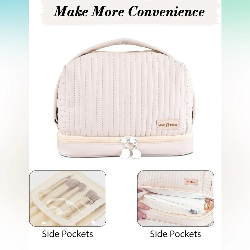 Large Makeup Bag Double Layer Cosmetic Travel Portable Leather Toiletry‎